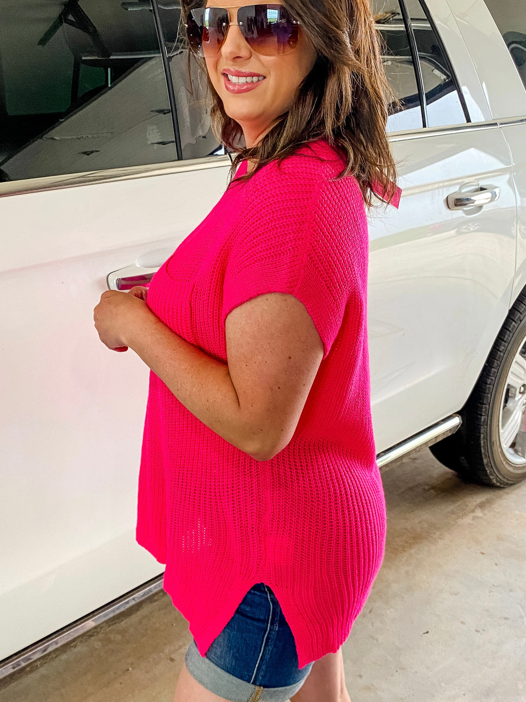 Reg/Plus Hot Pink Ribbed Sweater Top by Haptics