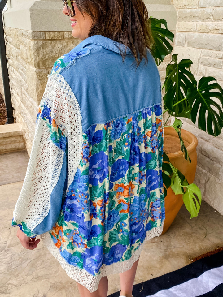 Blue Multi Floral Print Crochet 3/4 Sleeve Top by POL