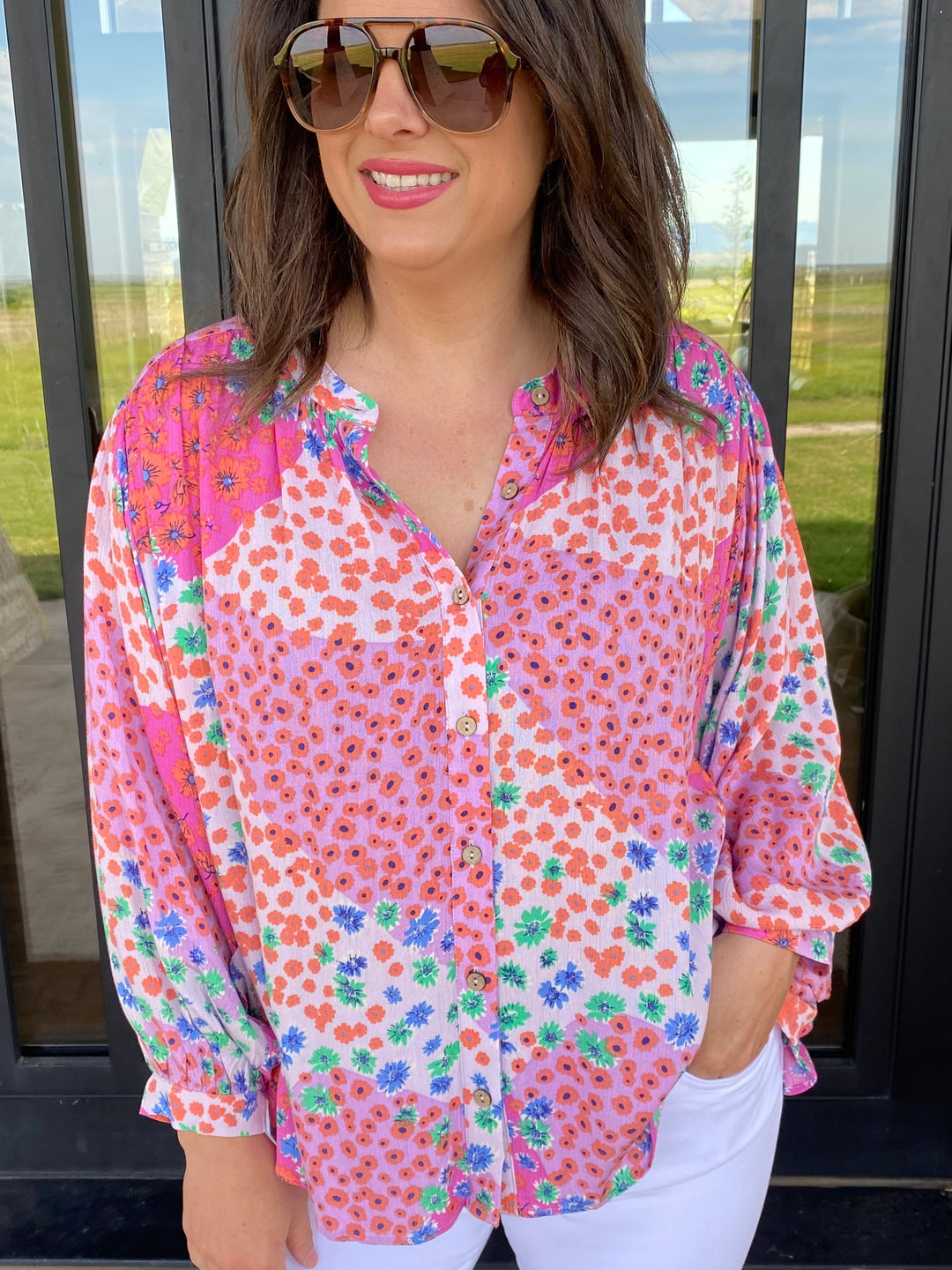 Lilac Pink Patchwork Print Button Down Top by Easel