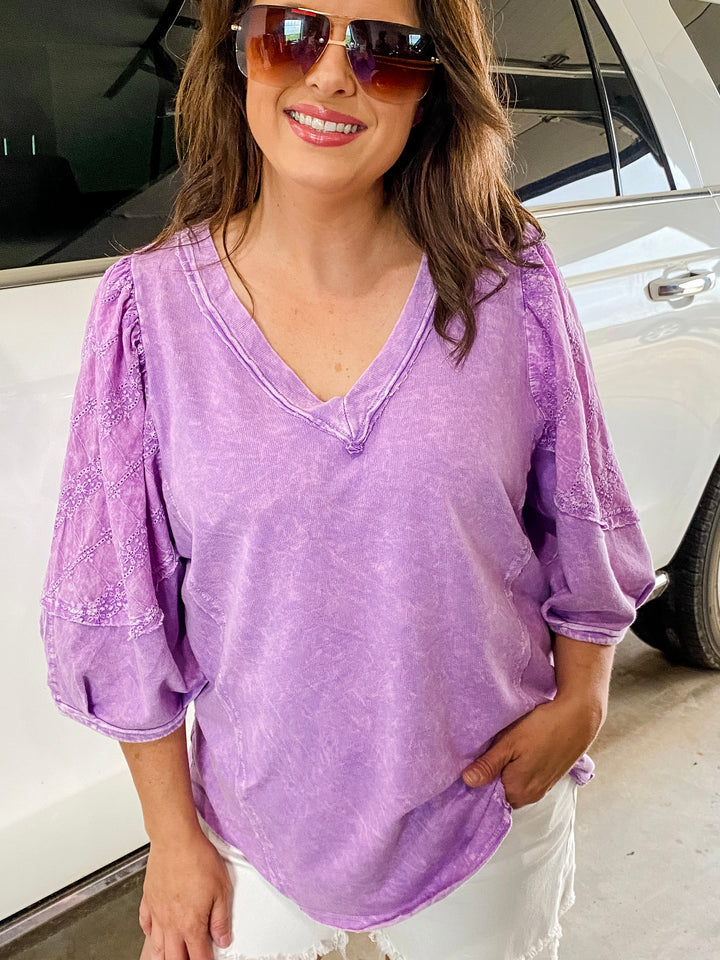 Lilac Mineral Wash Eyelet Puff Sleeve Top by j Her