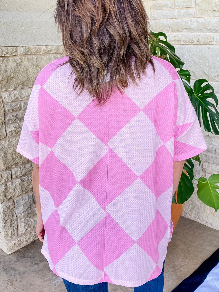Pink Waffle Argyle Print Short Sleeve Top by Hopely