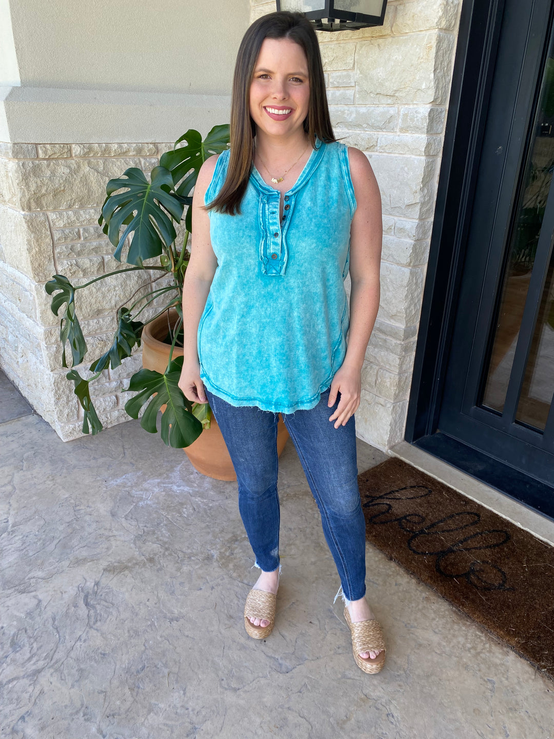 Teal Washed Half Button Raw Edge Henley Tank by Zenana