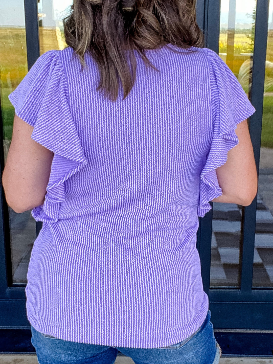 Reg/Plus Solid Lavender Ruffled Sleeve Top by Heimish--Final Sale
