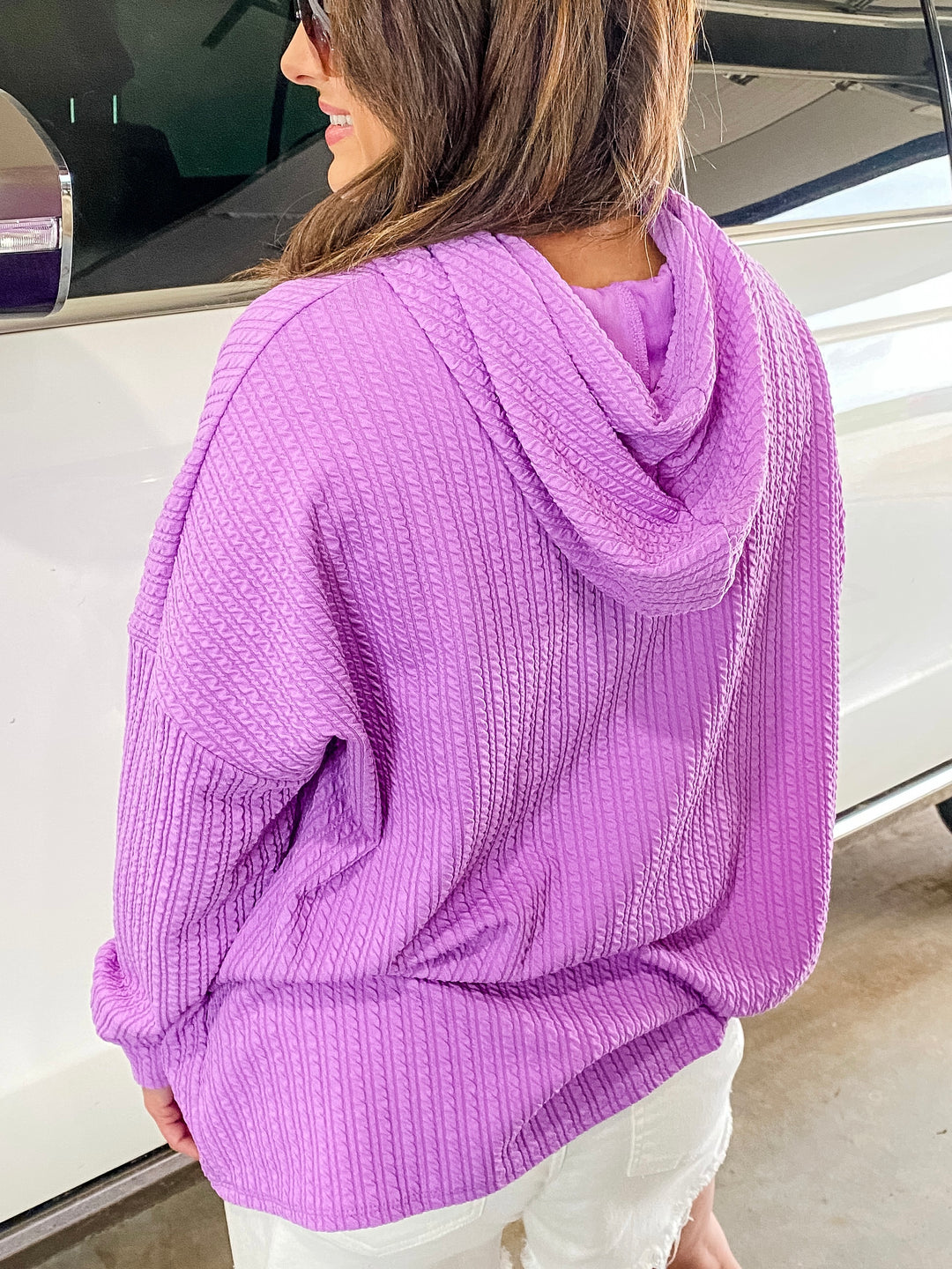 Reg/Plus Lavender Textured Cable Design Hooded Pullover by Blumin--Final Sale