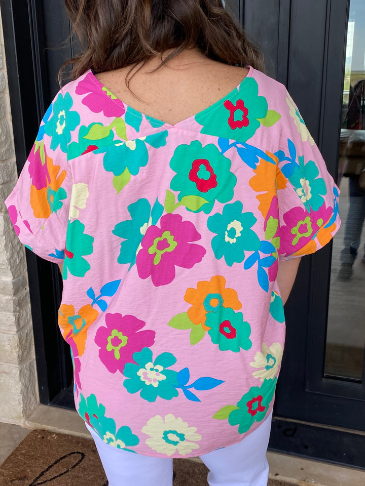 Bubble Gum Pink Green Yellow Floral V-Neck Short Sleeve Top by Jodifl