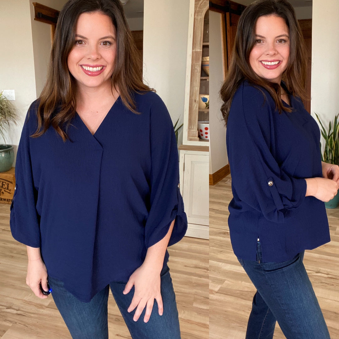 Reg/Plus Navy V-Neck 3/4 Sleeve Top by Andree