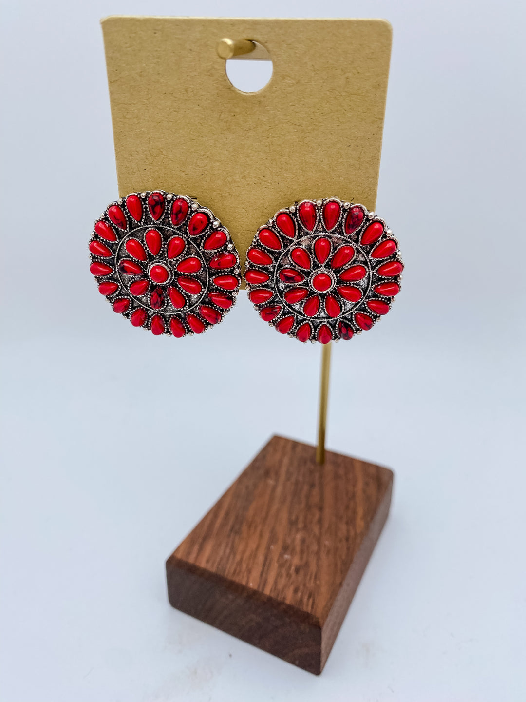 Red Round Concho Post Earrings