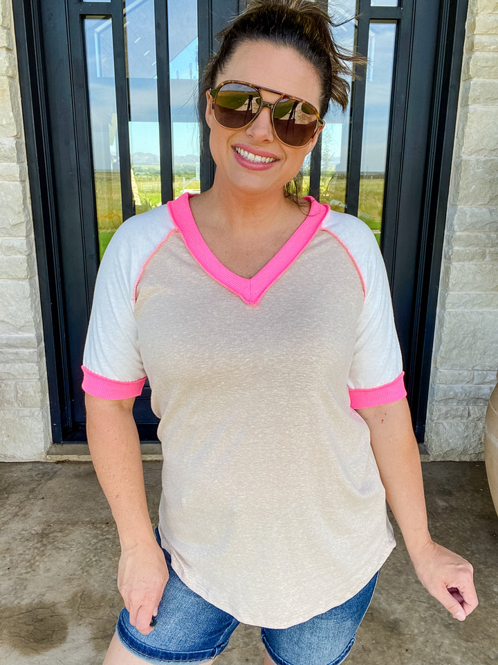 Reg/Plus Taupe Solid with Pink Trim Short Sleeve Top by Heimish--Final Sale