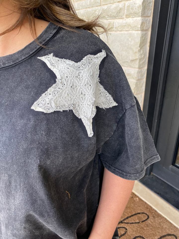 Black White Mineral Washed Star Patch Short Sleeve Top by BlueVelvet