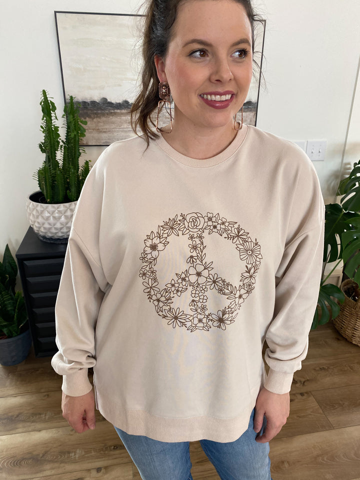Reg/Plus Ecru Peace Sign Terry Pullover by Easel