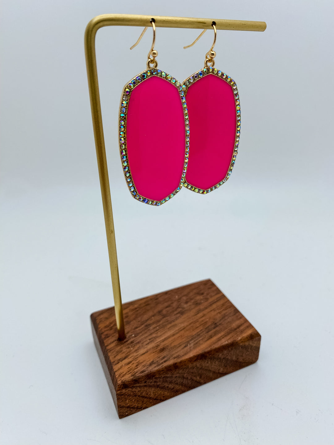 Hot Pink Rhinestone Hexagon Drop Earrings