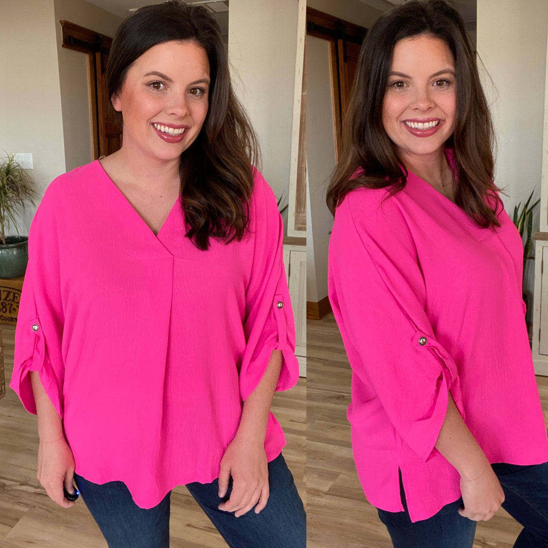 Reg/Plus Barbie Pink V-Neck 3/4 Sleeve Top by Andree