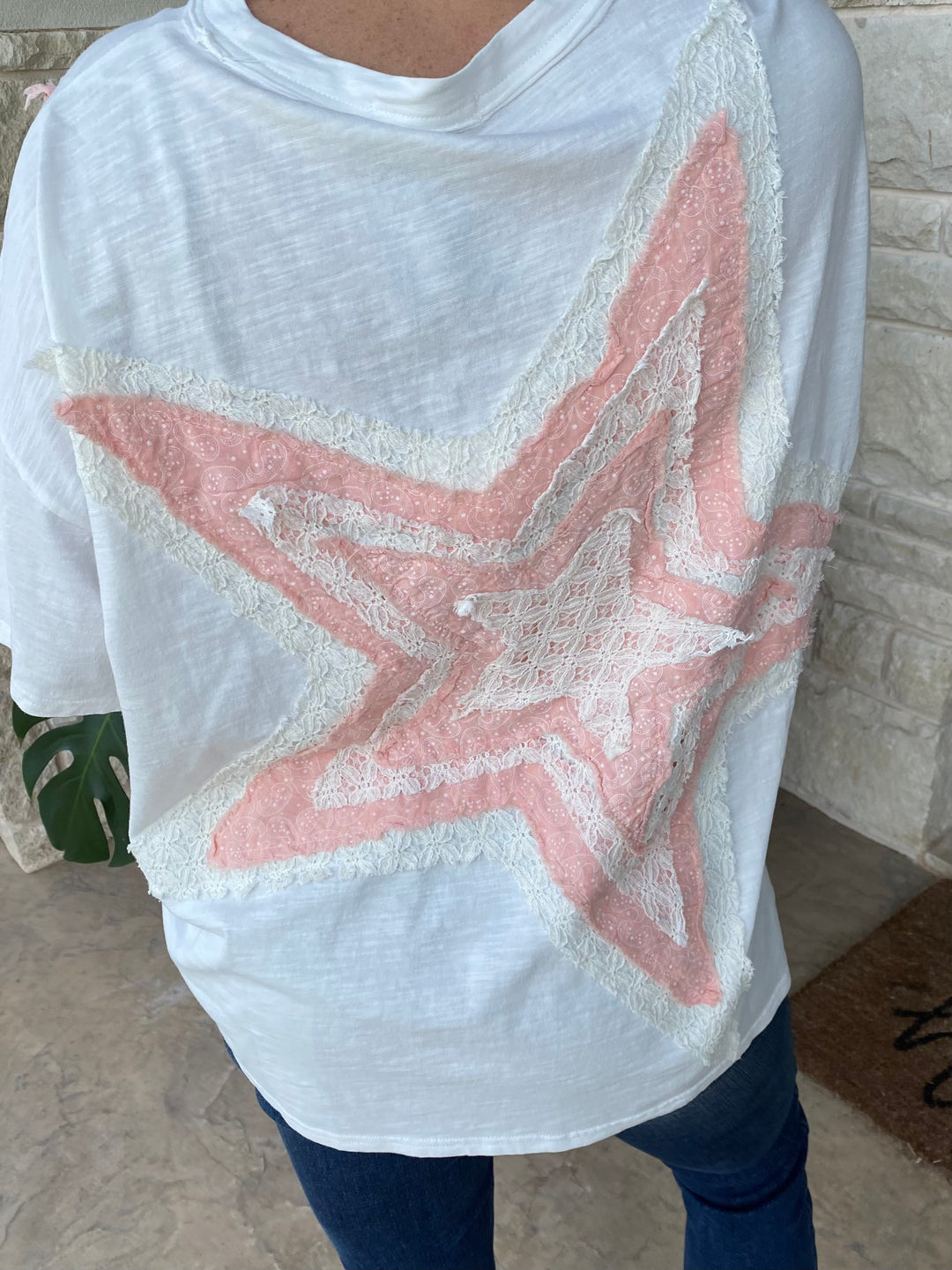 White Coral Mineral Washed Star Patch Short Sleeve Top by BlueVelvet--Final Sale