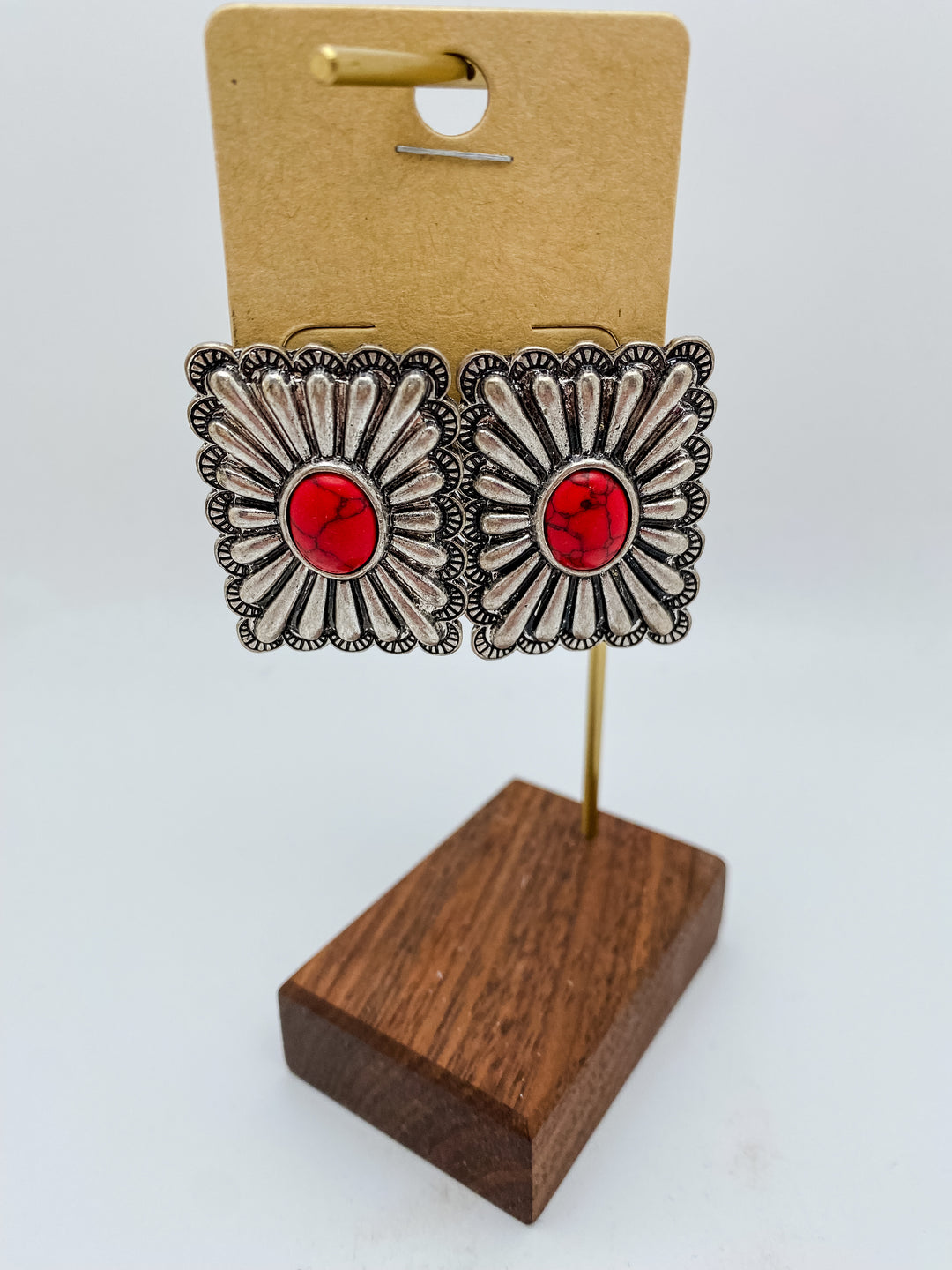 SI/Red Stone Square Concho Earrings