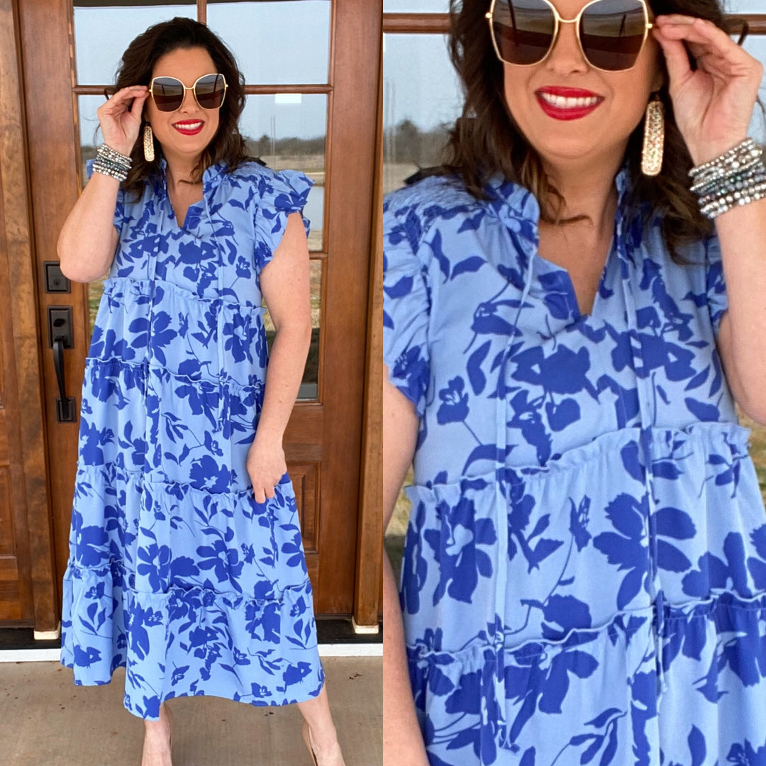 Reg/Plus Periwinkle Graphic Floral Midi Dress by Umgee