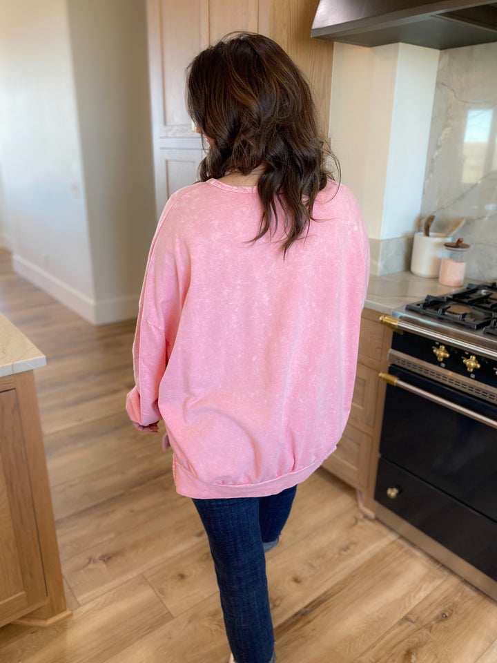 Pink Mineral Wash Basic Pullover Sweatshirt by J.Her