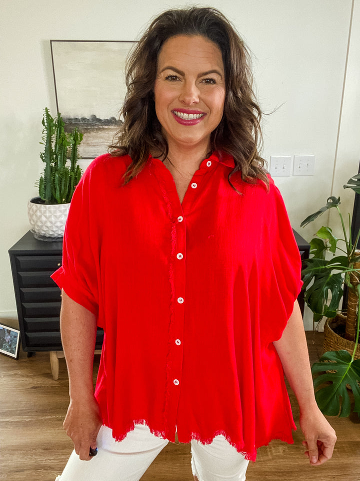 Red Linen Boxy Cut Button Down Collared Top by Umgee