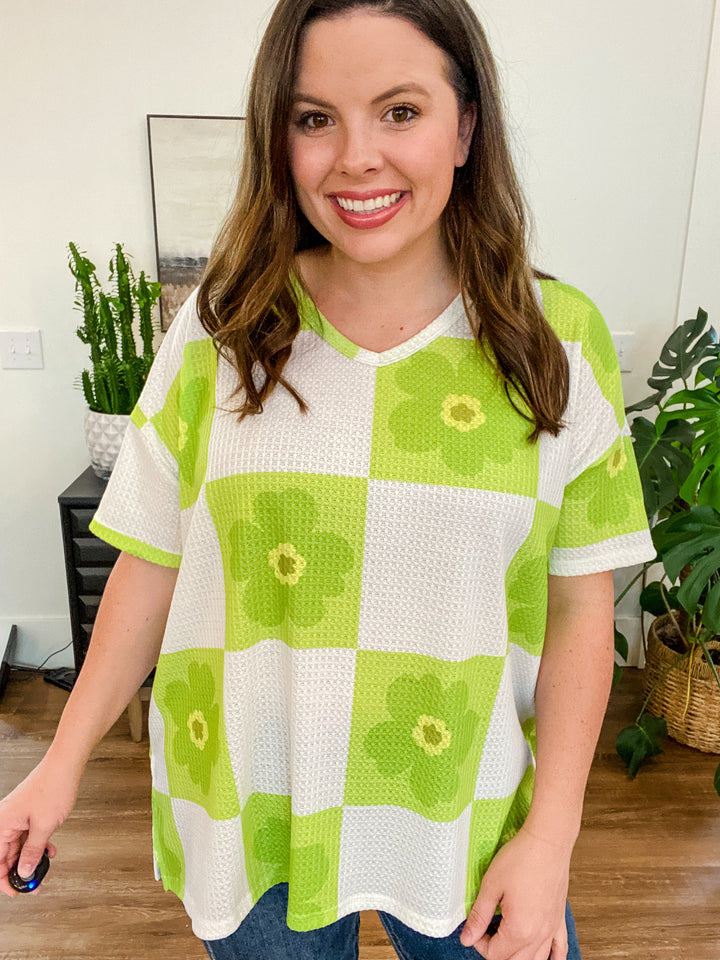 Lime Retro Checkered Floral Waffle Top by Hopely