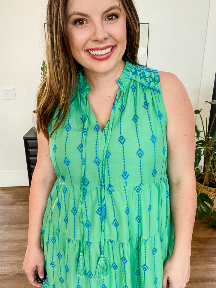 Green Blue Tie Front Sleeveless Tiered Maxi Dress by Umgee