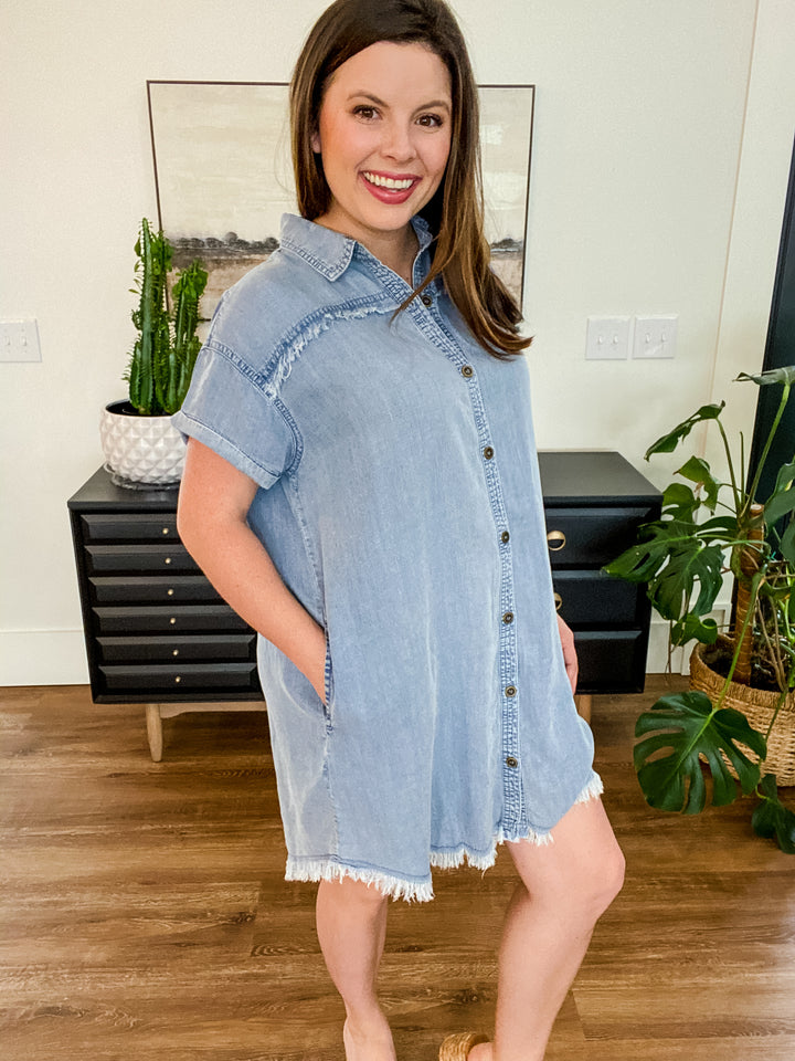 Denim Washed Button Down Tunic Dress by Easel