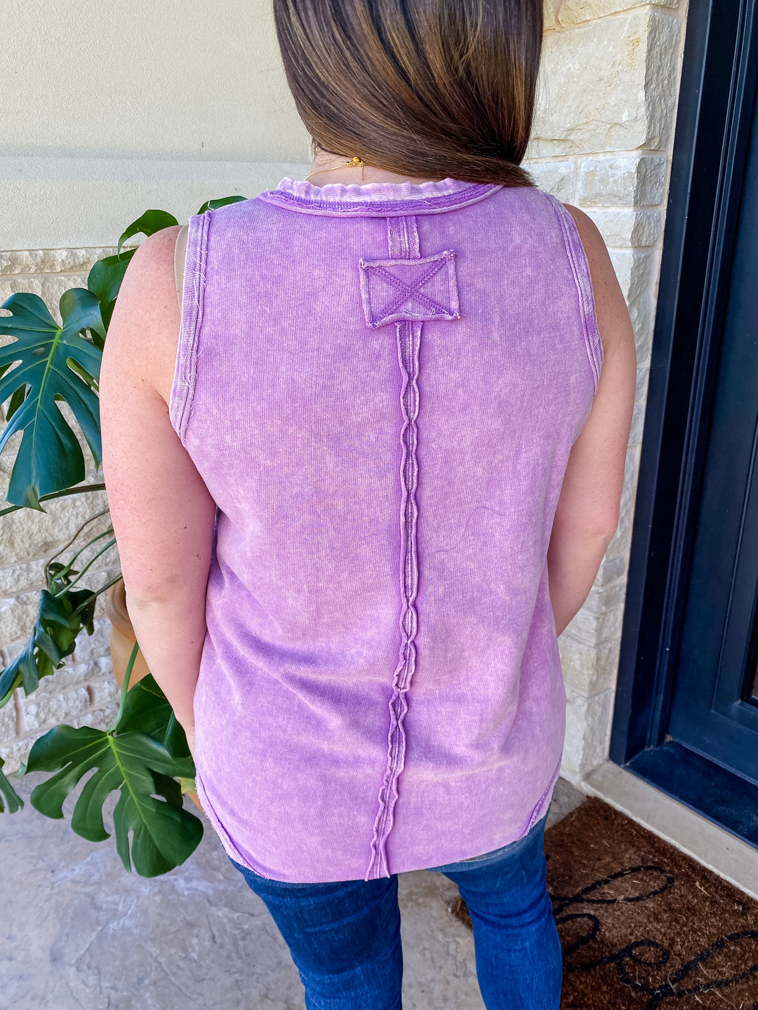 Violet Washed Half Button Raw Edge Henley Tank by Zenana