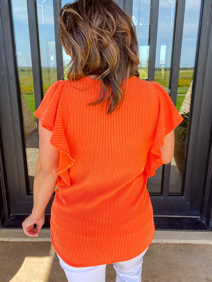 Reg/Plus Solid Orange Ruffled Sleeve Top by Heimish