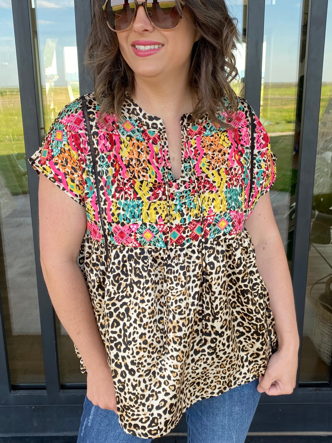 Animal Print Tie Front Embroidery Top by Jodifl