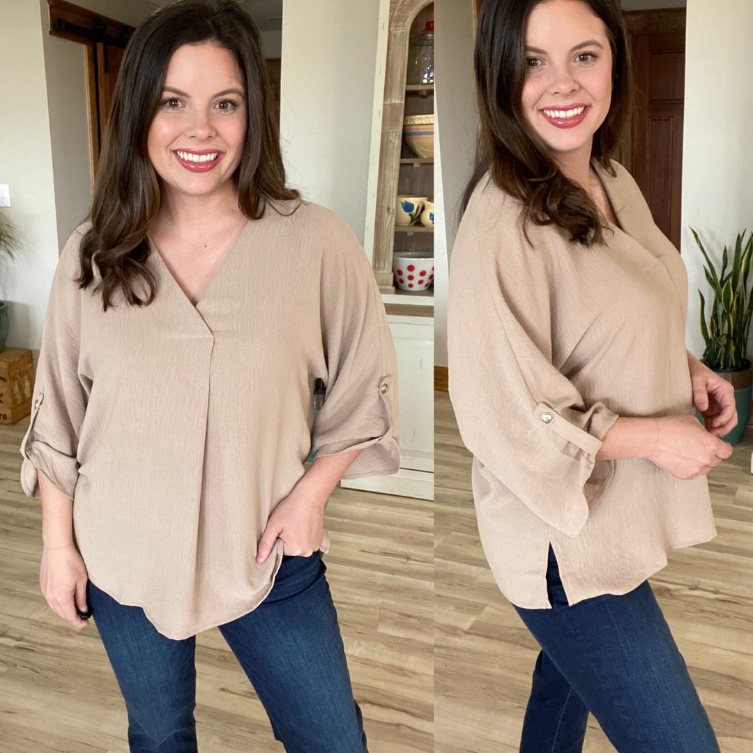 Reg/Plus Taupe V-Neck 3/4 Sleeve Top by Andree
