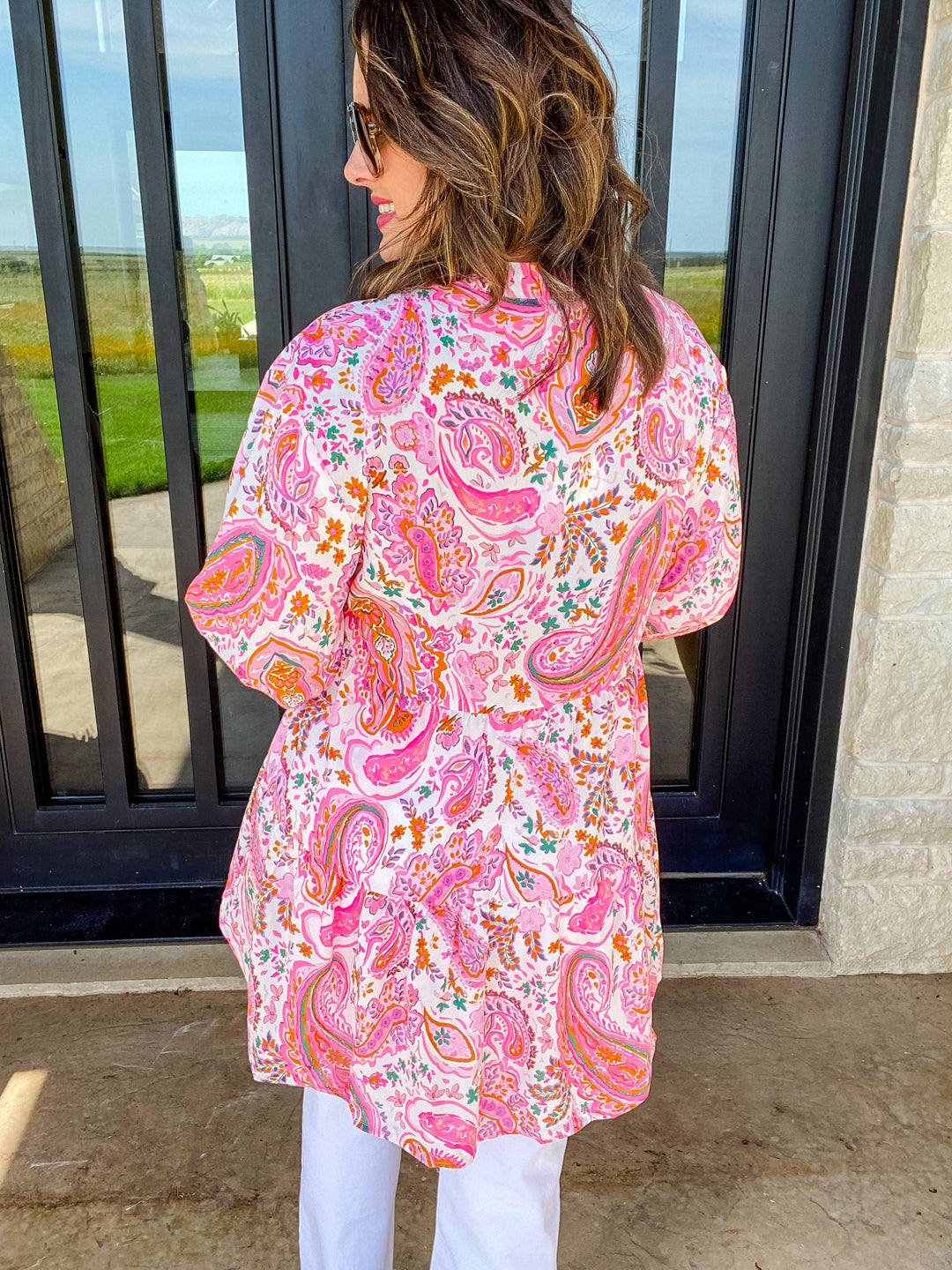 Pink Mix Paisley Print Tiered 3/4 Sleeve Top by Umgee