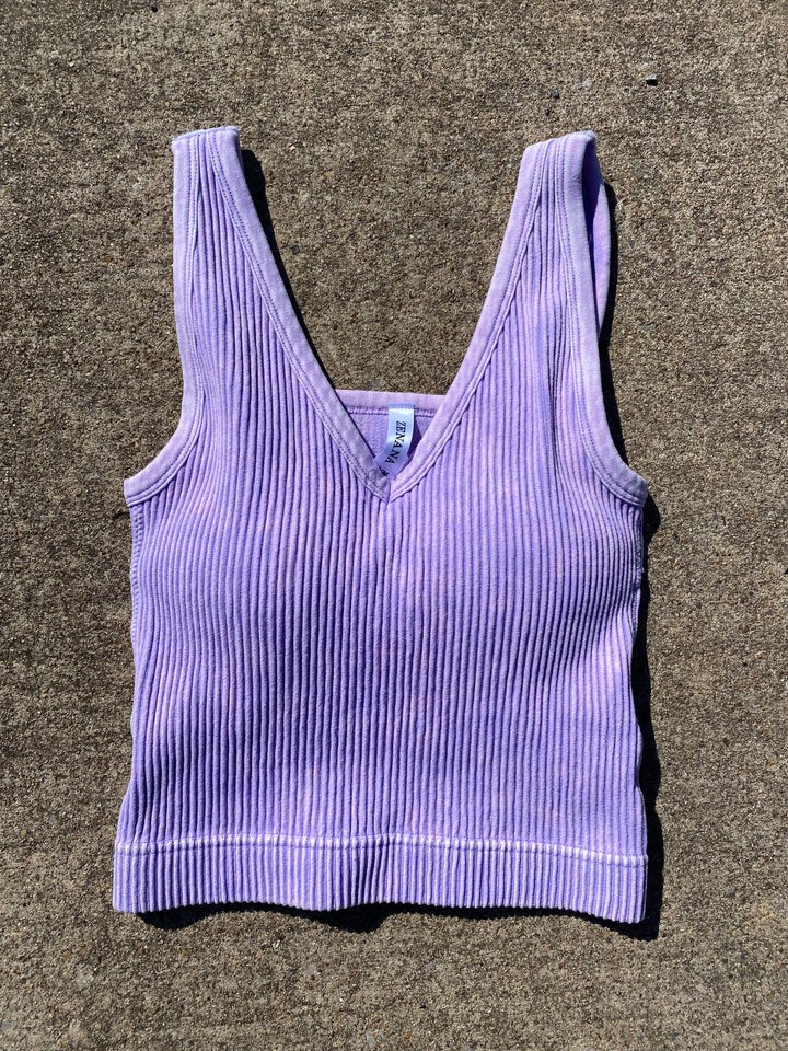 Lavender Ribbed V-Neck Cropped Tank with Pads by Zenana