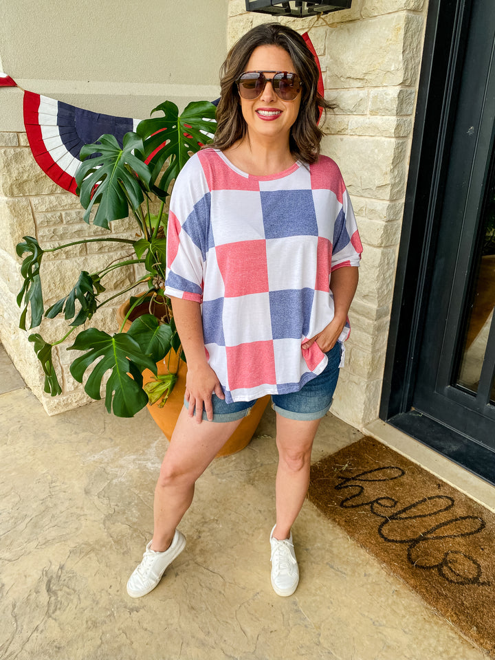Reg/Plus Red White Blue Checkered Short Sleeve Top by Hopely--Final Sale