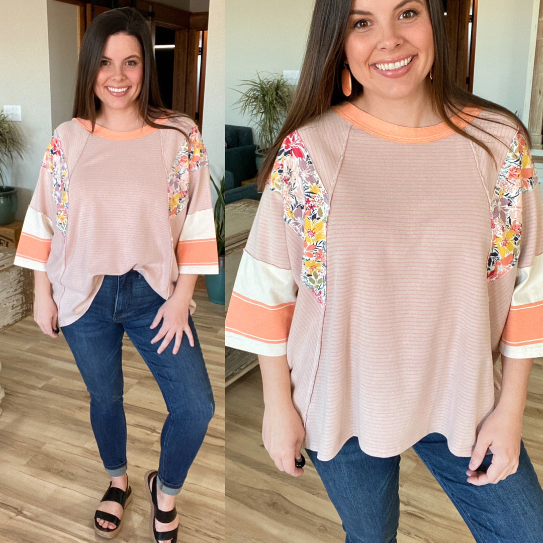 Reg/Plus Apricot Striped Mix Print 3/4 Sleeve Top by Easel