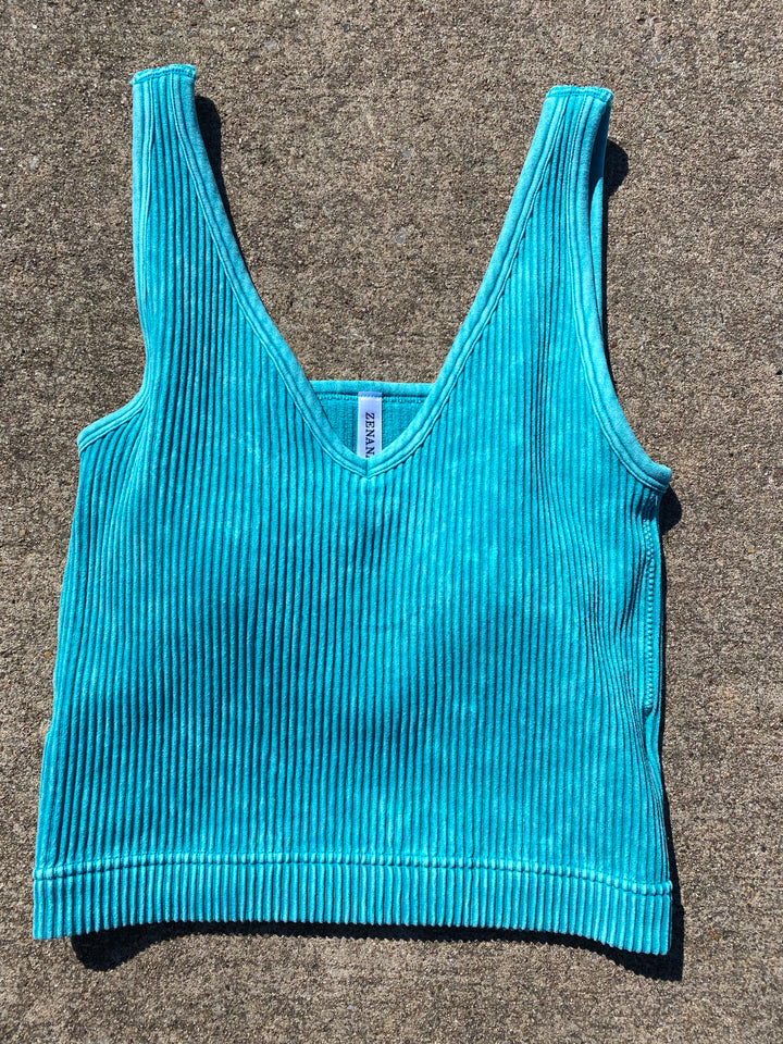 Turquoise Ribbed V-Neck Cropped Tank with Pads by Zenana