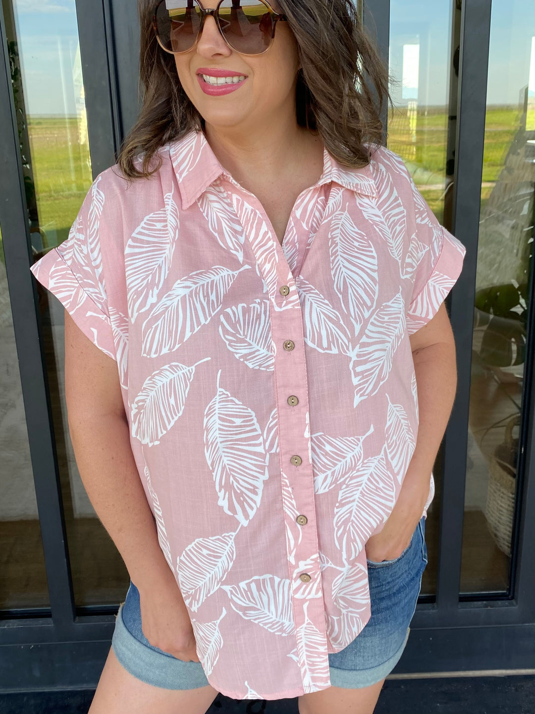 Rose Leaf Print Button Down Collared Short Sleeve by Easel