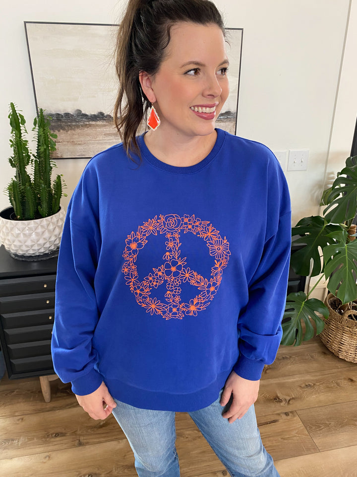 Reg/Plus Royal Blue Peace Sign Terry Pullover by Easel