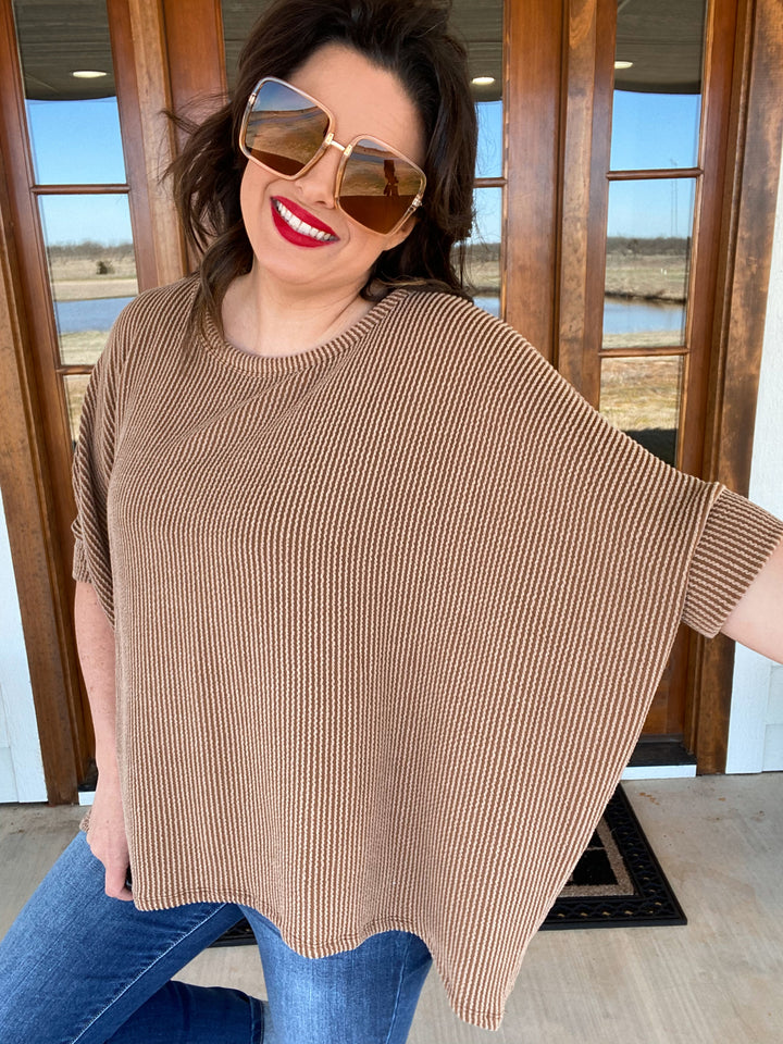 Reg/Plus Mocha Oversized Ribbed Top by Andree