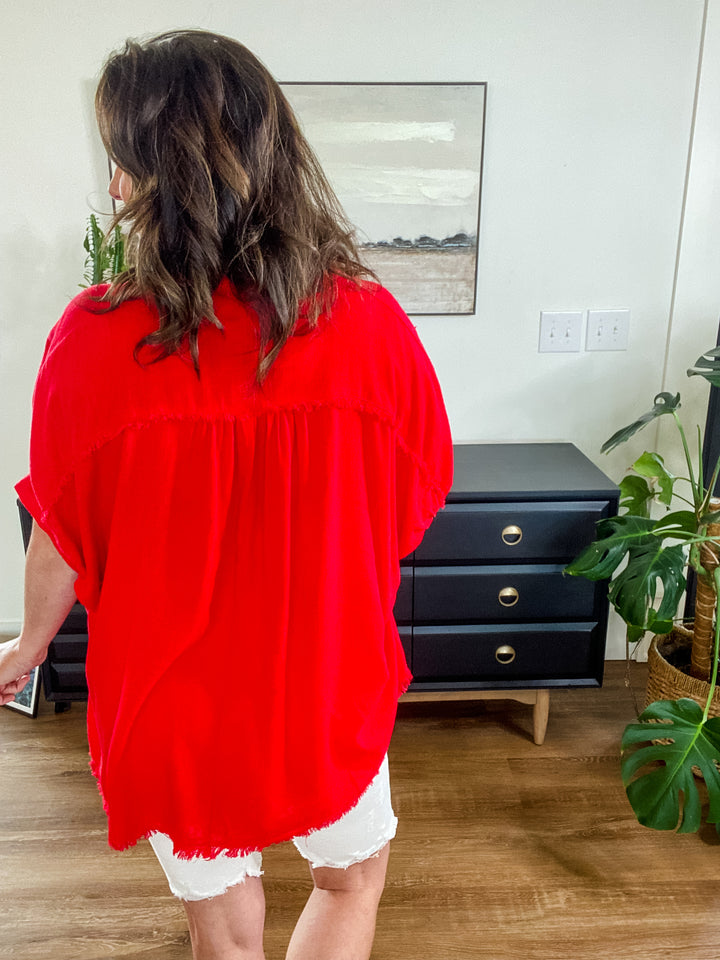 Red Linen Boxy Cut Button Down Collared Top by Umgee