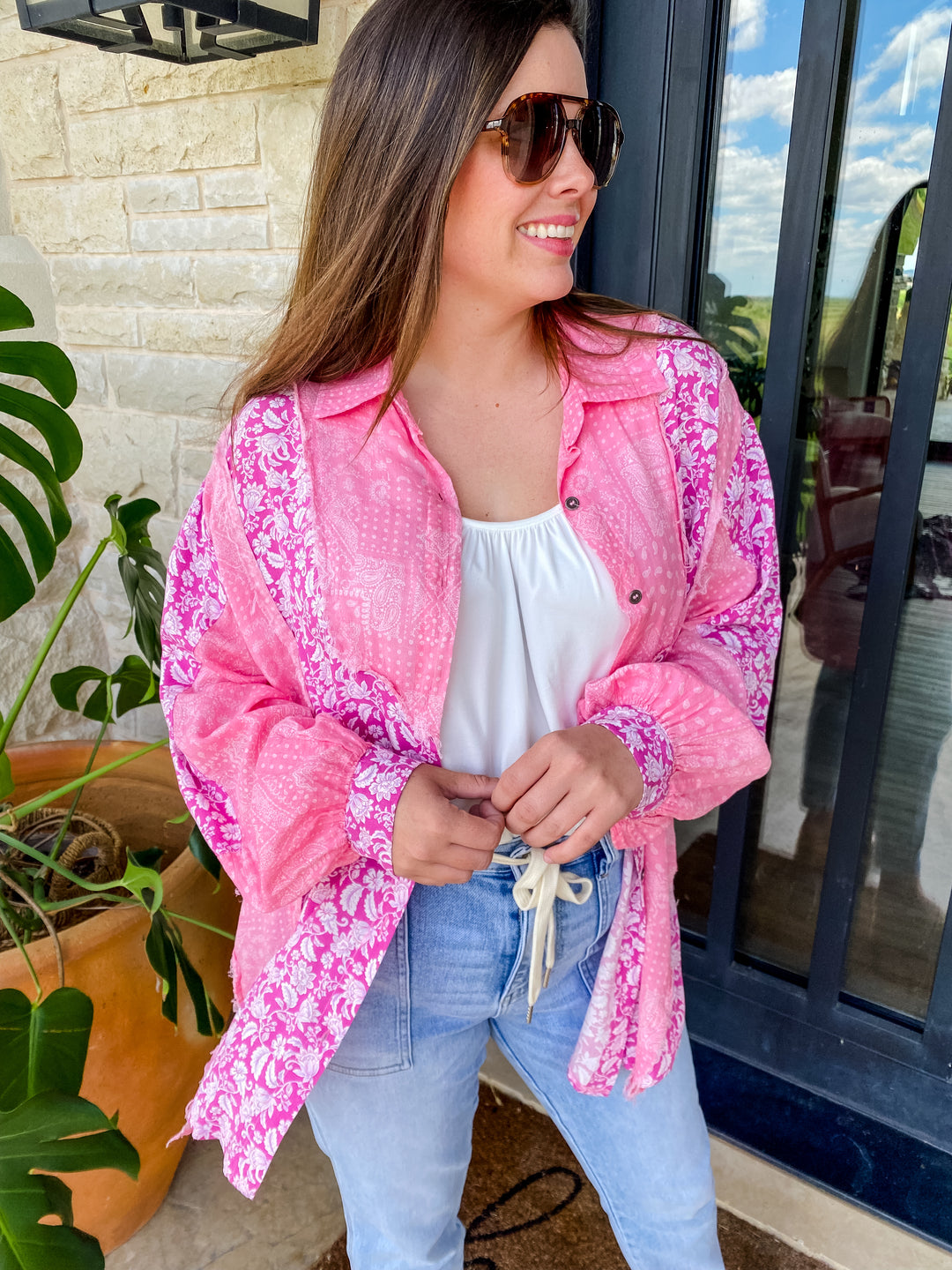 Pink Paisley Long Sleeve Button Down Top by POL--Final Sale