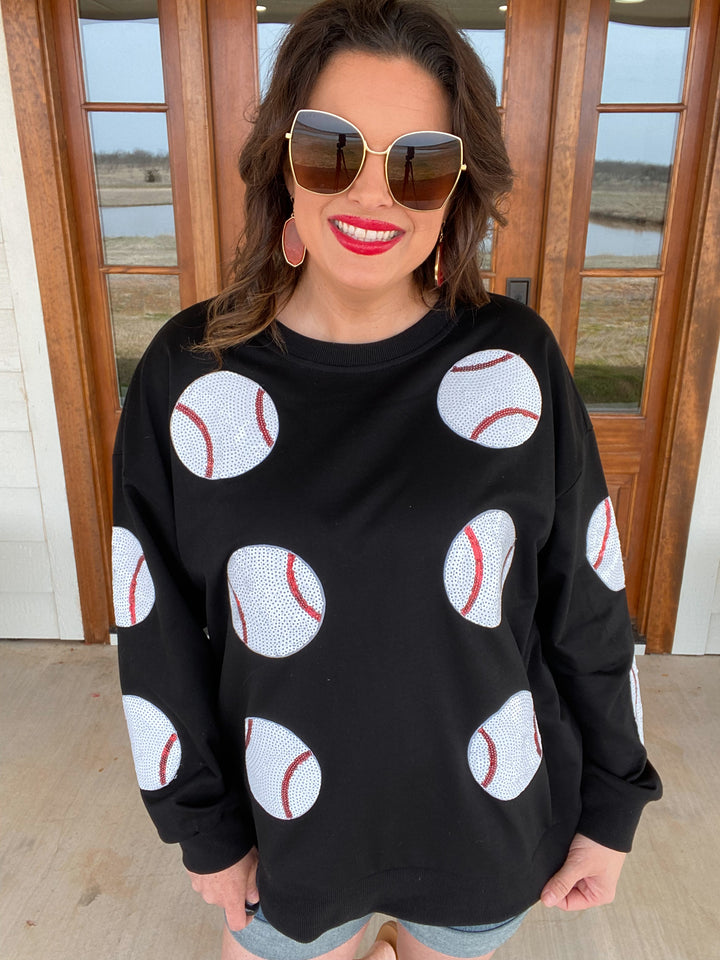 Black--Sequin Baseball Patches French Terry Pullover by Bibi