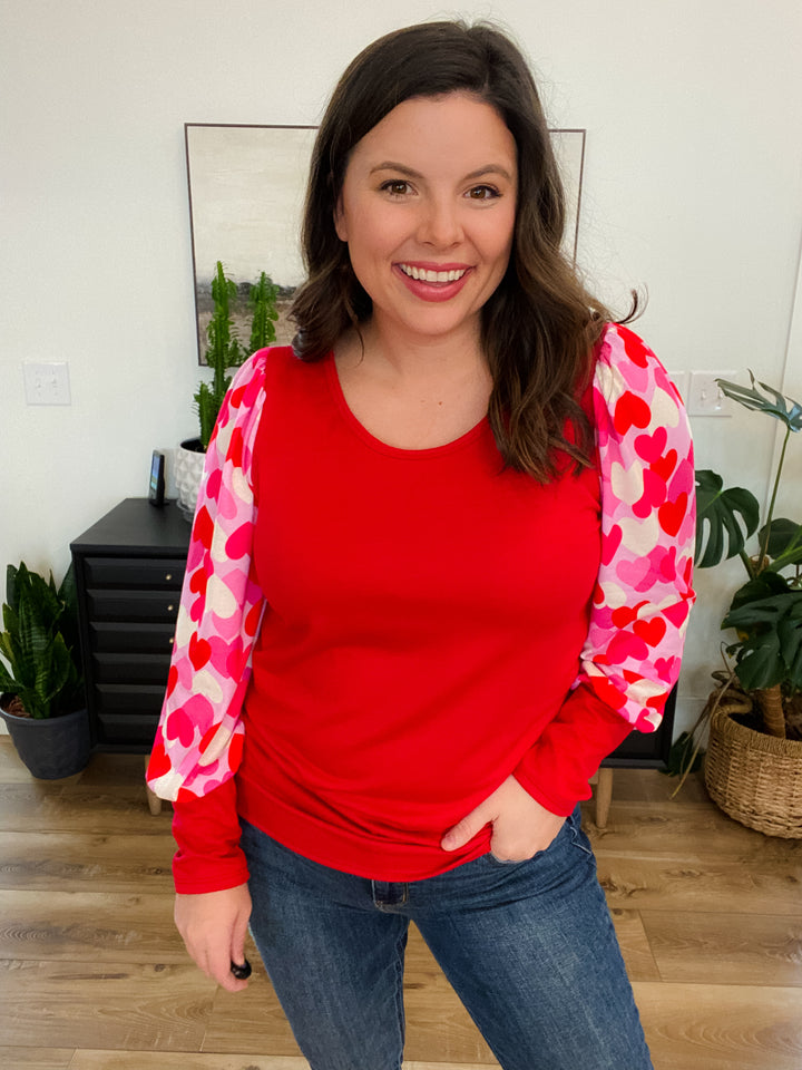 Red French Terry with Heart Print Sleeve Top by Bibi