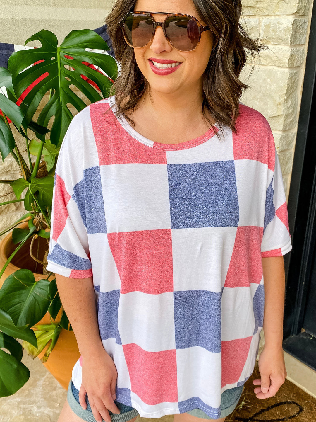 Reg/Plus Red White Blue Checkered Short Sleeve Top by Hopely--Final Sale