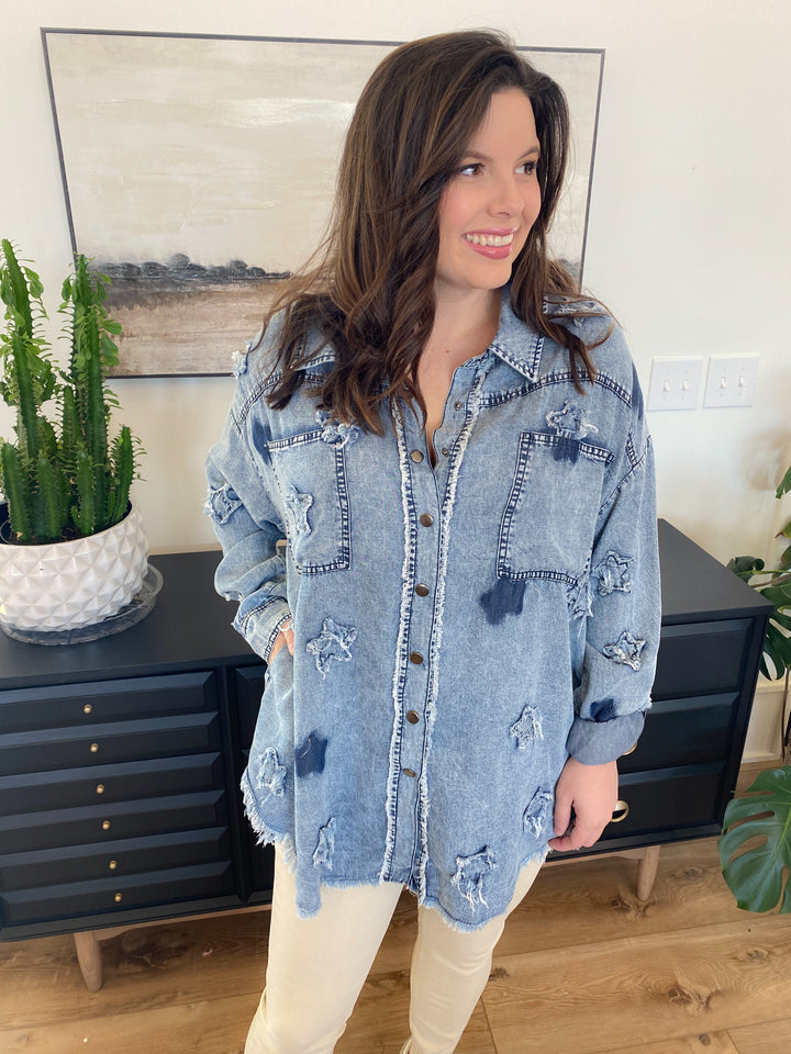 Denim Washed Star Button Up Top by Oli & Hali
