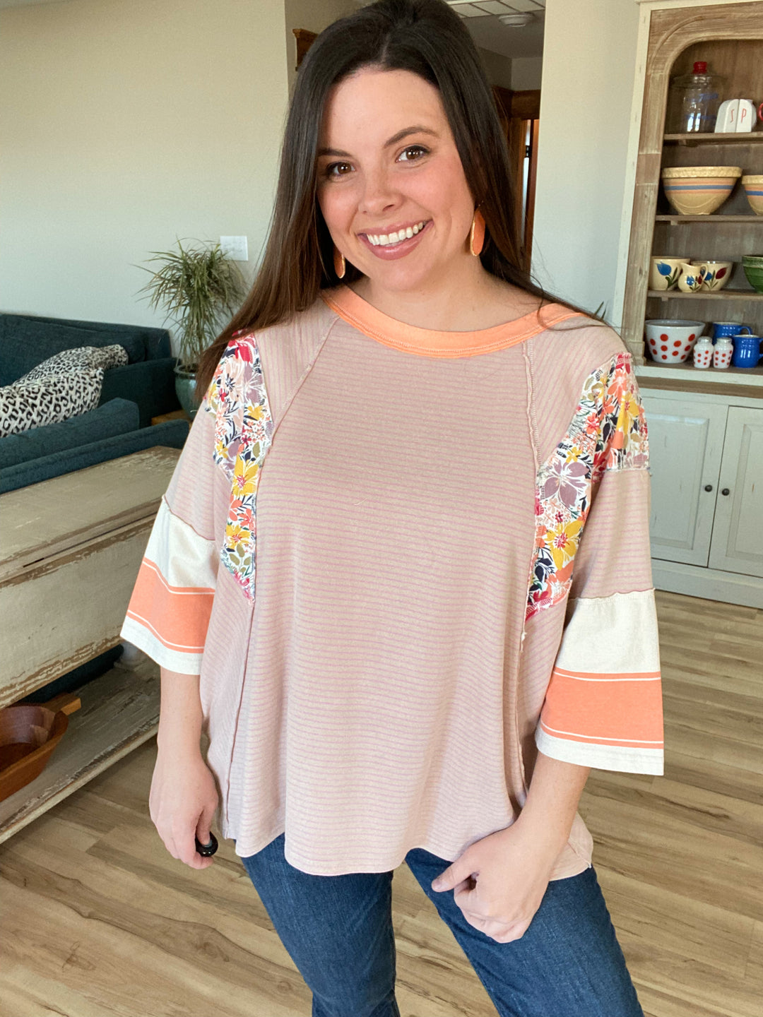 Reg/Plus Apricot Striped Mix Print 3/4 Sleeve Top by Easel