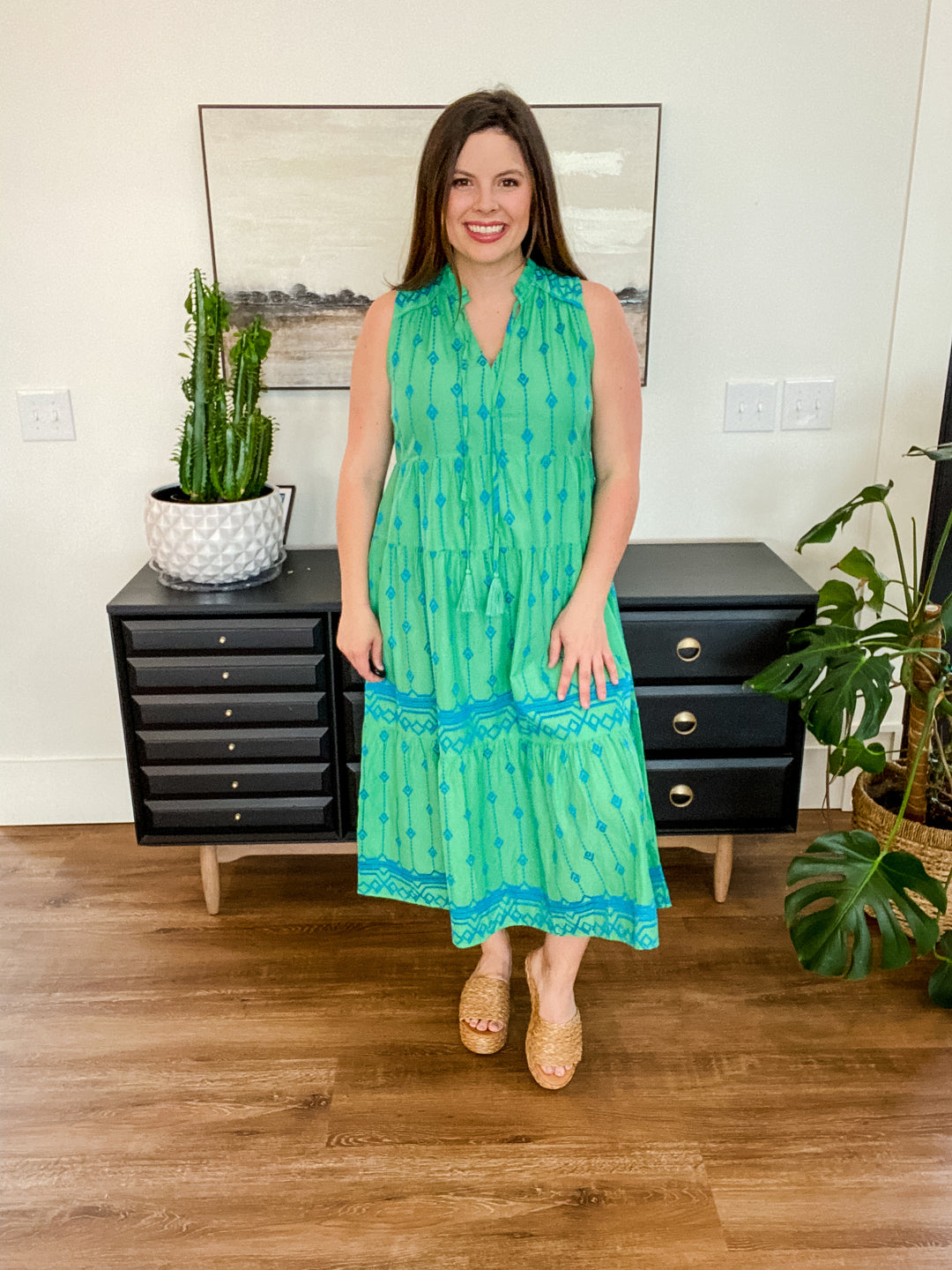Green Blue Tie Front Sleeveless Tiered Maxi Dress by Umgee
