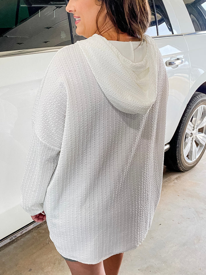 Reg/Plus Off White Textured Cable Design Hooded Pullover by Blumin--Final Sale