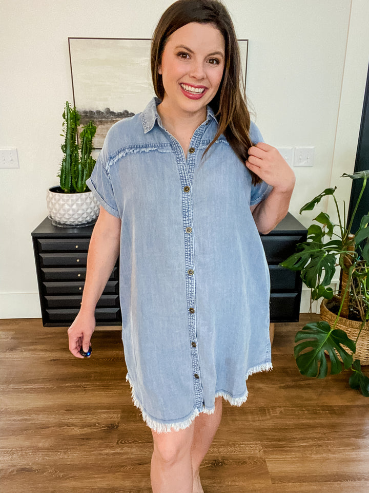 Denim Washed Button Down Tunic Dress by Easel