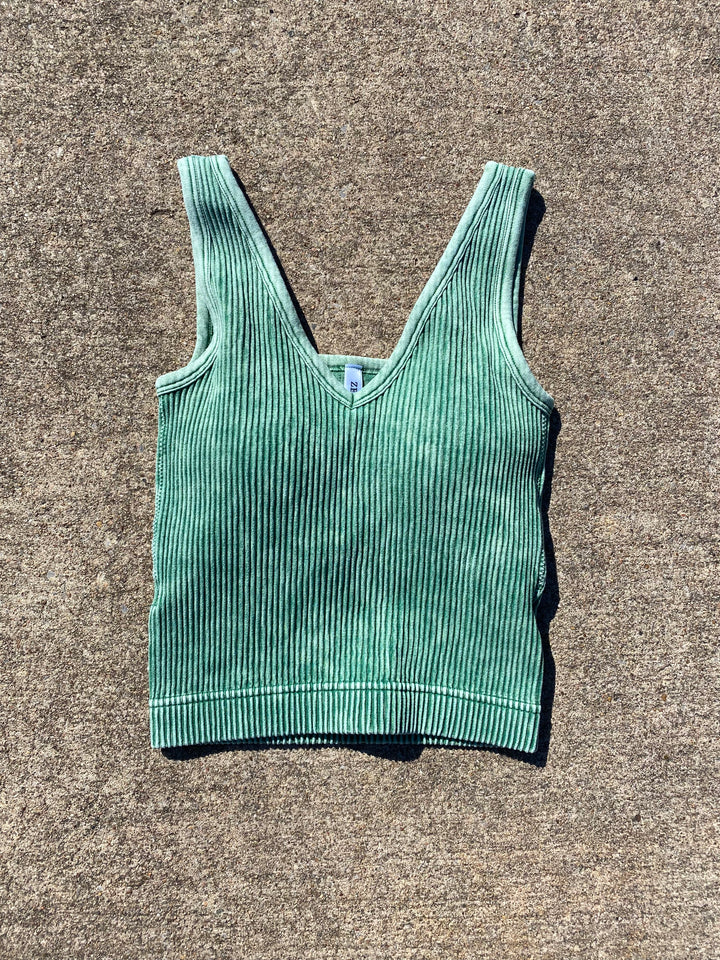 Dark Green Ribbed  V-Neck Cropped Tank with Pads by Zenana