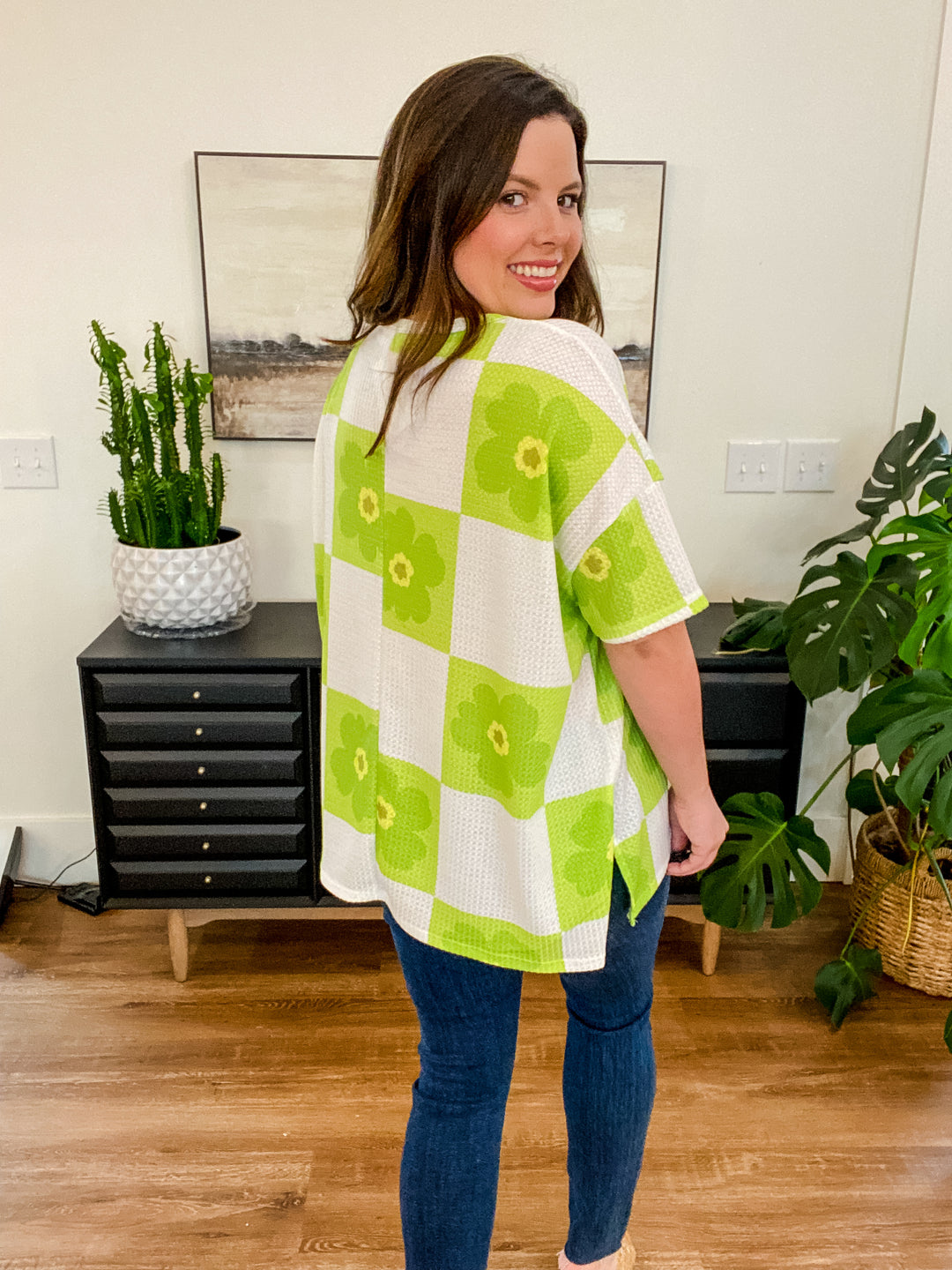Lime Retro Checkered Floral Waffle Top by Hopely