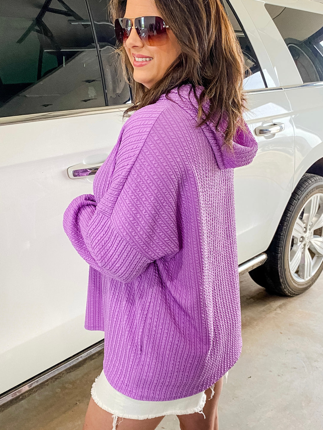 Reg/Plus Lavender Textured Cable Design Hooded Pullover by Blumin--Final Sale