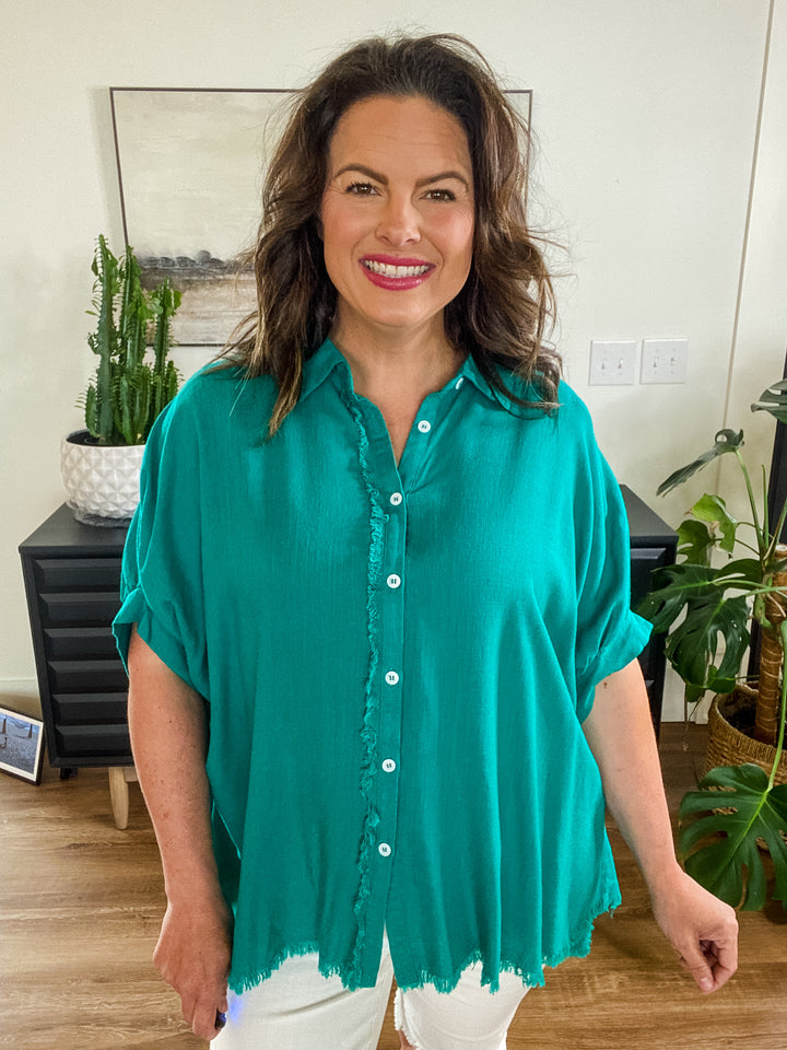 Jade Linen Boxy Cut Button Down Collared Top by Umgee
